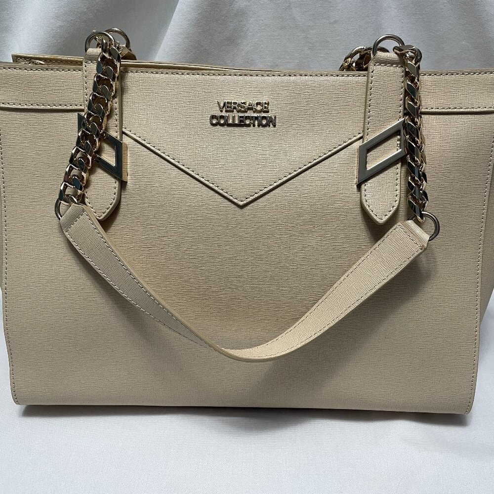 Versace Madelux Leather Bag Tan and Gold Double Handle Handbag